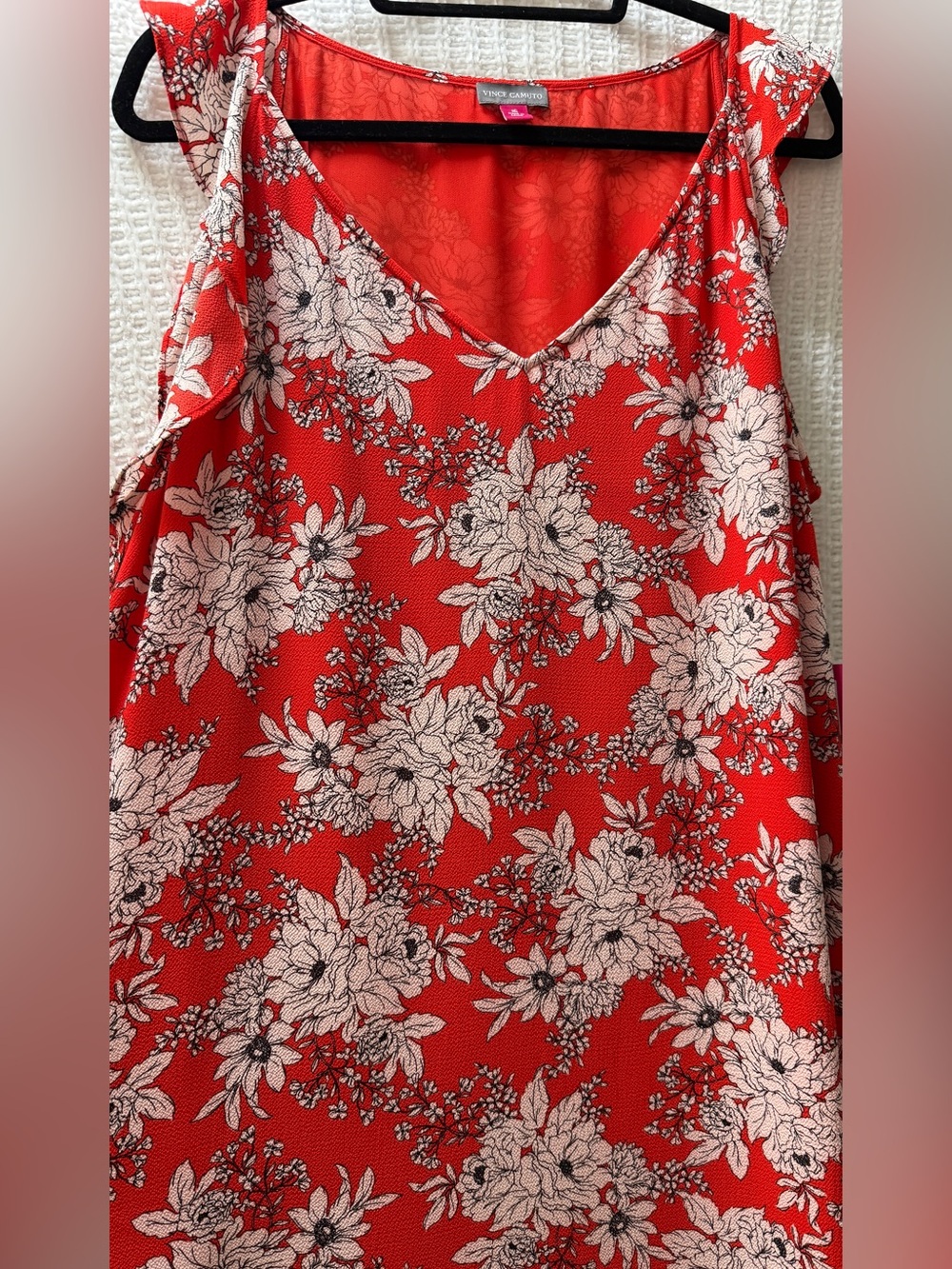 NWT Vince Camuto Women Dress Sz 16 Red Floral Boho Ruffle V-Neck Textured Crepe - Picture 11 of 11